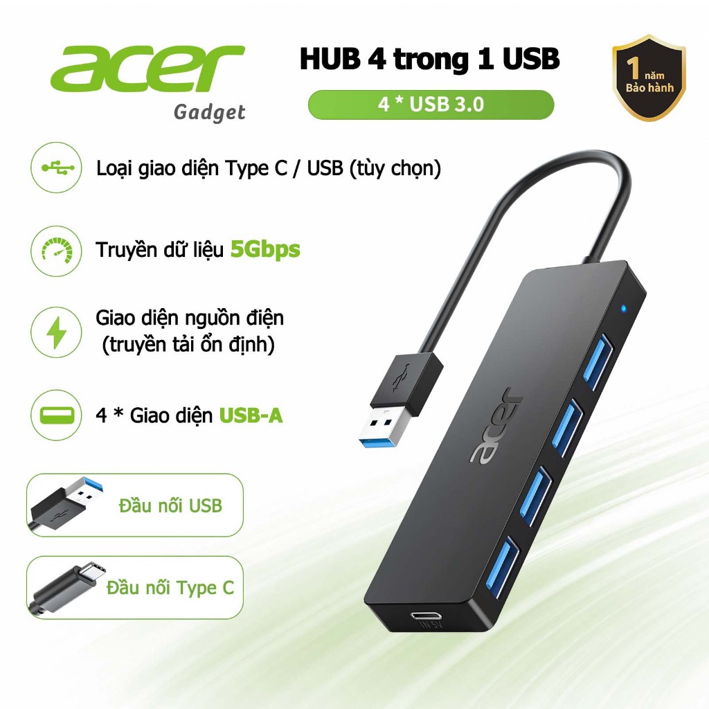 Acer Hub chuyển đổi USB Type C 4 in 1 cổng đa năng USB C bộ chia USB 3.0 Truyền tải nhanh chóng Bộ chuyển đổi đa cổng cho Mac Pad Laptop XPS UH501