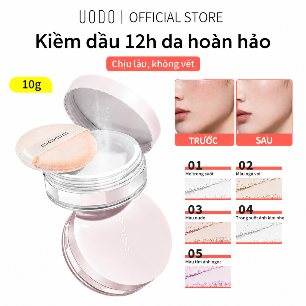Phấn phủ kiềm dầu UODO Chống thấm nước chống mồ hôi kiểm soát dầu 12H 5 màu tùy chọn 8/10g