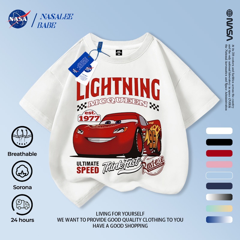 [Hàng có sẵn Vận chuyển nhanh] NASA McQueen Trẻ em tay ngắn mùa hè Cotton nguyên chất thoáng khí vừa lớn Trẻ em in hình vui nhộn