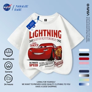 NASA McQueen Trẻ em tay ngắn mùa hè Cotton nguyên chất thoáng khí vừa lớn Trẻ em in hình vui nhộn