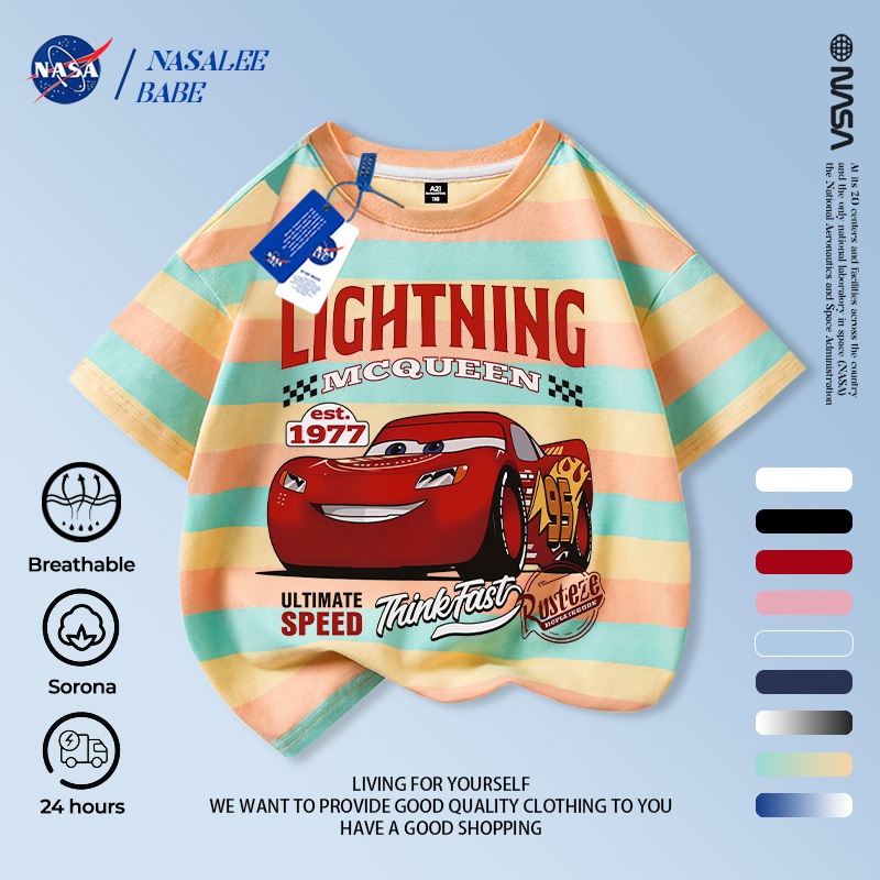 [Hàng có sẵn Vận chuyển nhanh] NASA McQueen Trẻ em tay ngắn mùa hè Cotton nguyên chất thoáng khí vừa lớn Trẻ em in hình vui nhộn