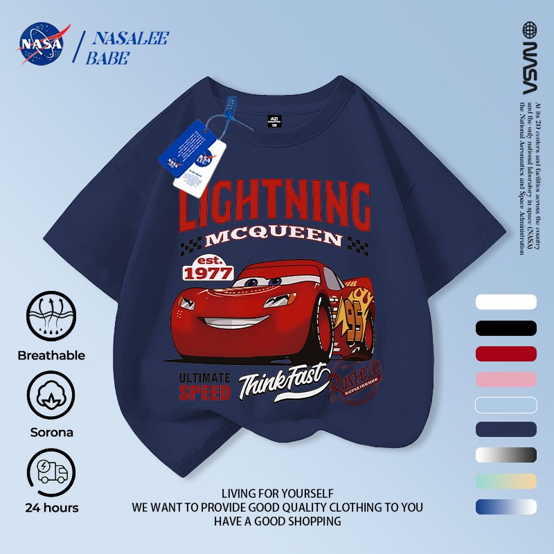 [Hàng có sẵn Vận chuyển nhanh] NASA McQueen Trẻ em tay ngắn mùa hè Cotton nguyên chất thoáng khí vừa lớn Trẻ em in hình vui nhộn