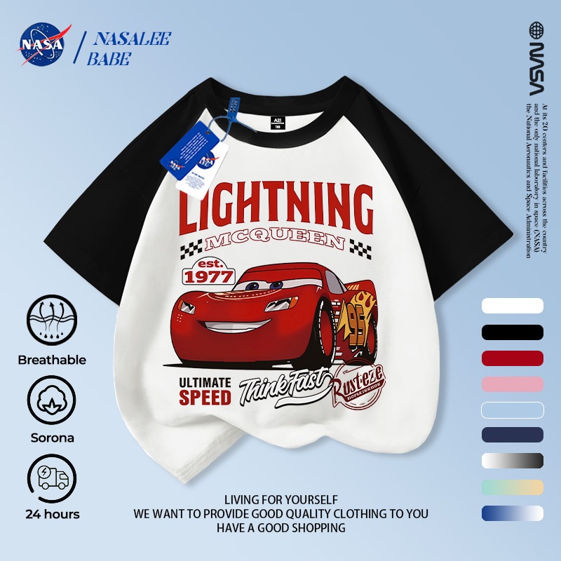 [Hàng có sẵn Vận chuyển nhanh] NASA McQueen Trẻ em tay ngắn mùa hè Cotton nguyên chất thoáng khí vừa lớn Trẻ em in hình vui nhộn