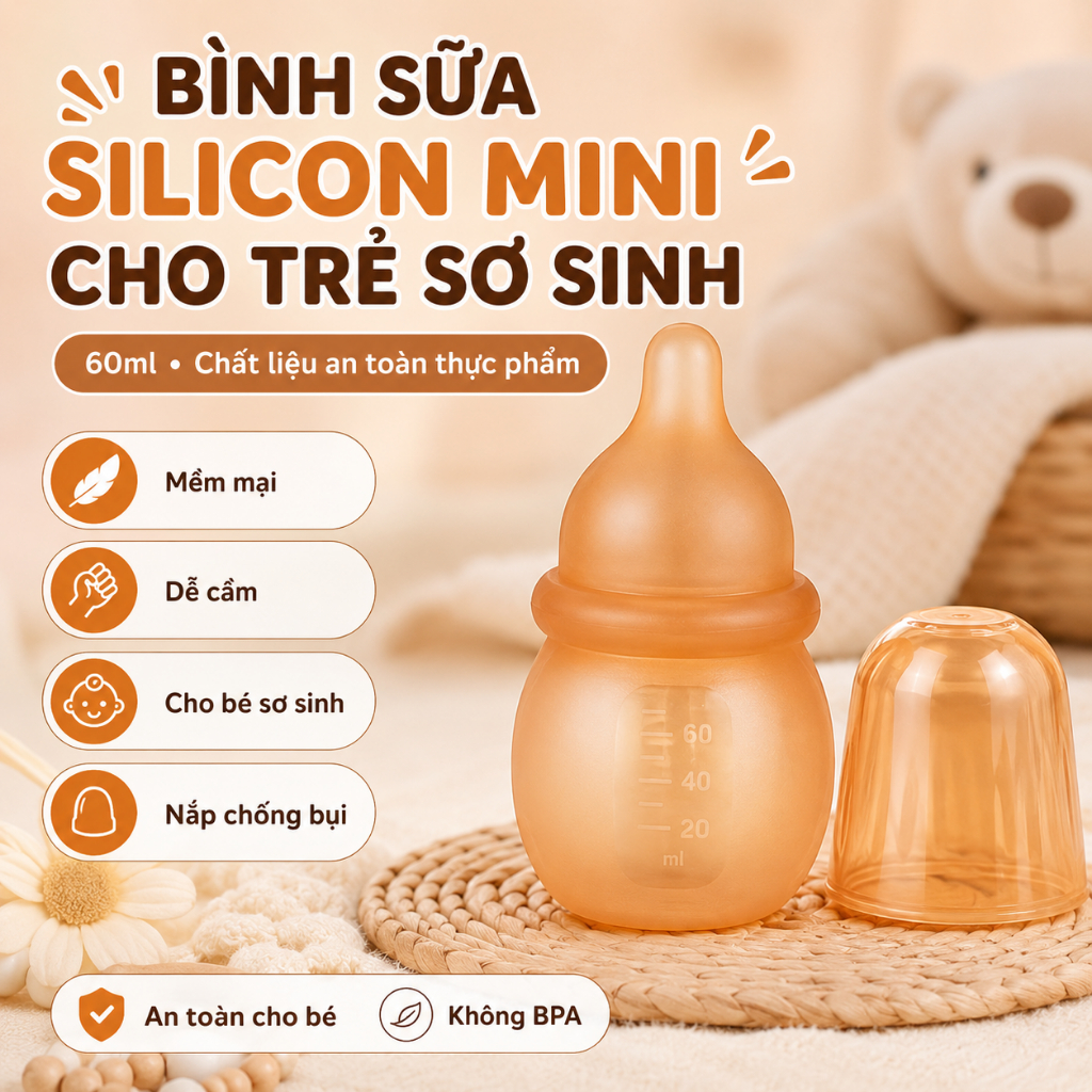 Bộ bình sữa silicon cho bé, 60/170 ml, chống đầy hơi, thích hợp cho sữa mẹ, sữa công thức và thức ăn nghiền cho bé | Thiết kế dạng bóp tiện lợi mang theo.