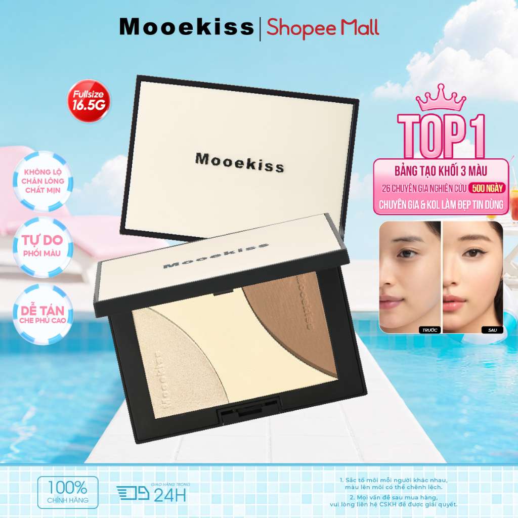 [LIVE] Bảng Tạo Khối Mooekiss 3 Màu 16.5g, Contour & Highlight, Tạo Sống Mũi, Lâu Trôi