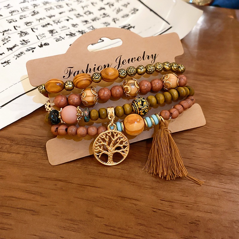 Bohemian Nhiều Lớp Gỗ Đàn Hương Đính Hạt Vòng Tay Phong Cách Retro Dân Tộc Dây Xích Tay Ánh Sáng Sang Trọng Tính Khí Cao Cấp Tay Trang Sức Dành Cho Nữ