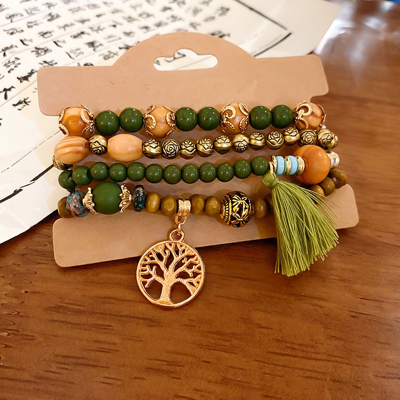Bohemian Nhiều Lớp Gỗ Đàn Hương Đính Hạt Vòng Tay Phong Cách Retro Dân Tộc Dây Xích Tay Ánh Sáng Sang Trọng Tính Khí Cao Cấp Tay Trang Sức Dành Cho Nữ