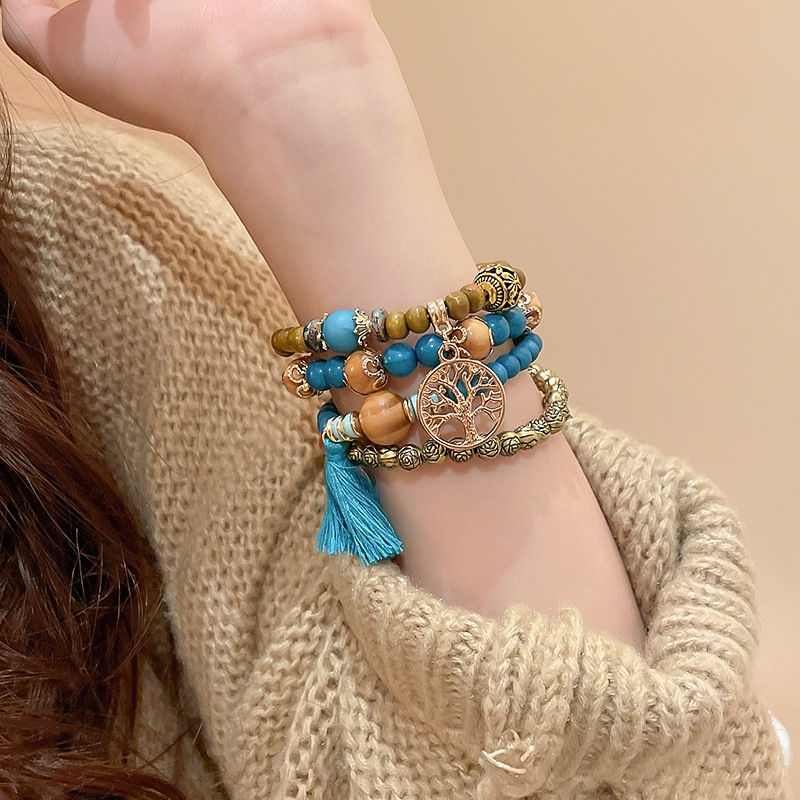 Bohemian Nhiều Lớp Gỗ Đàn Hương Đính Hạt Vòng Tay Phong Cách Retro Dân Tộc Dây Xích Tay Ánh Sáng Sang Trọng Tính Khí Cao Cấp Tay Trang Sức Dành Cho Nữ