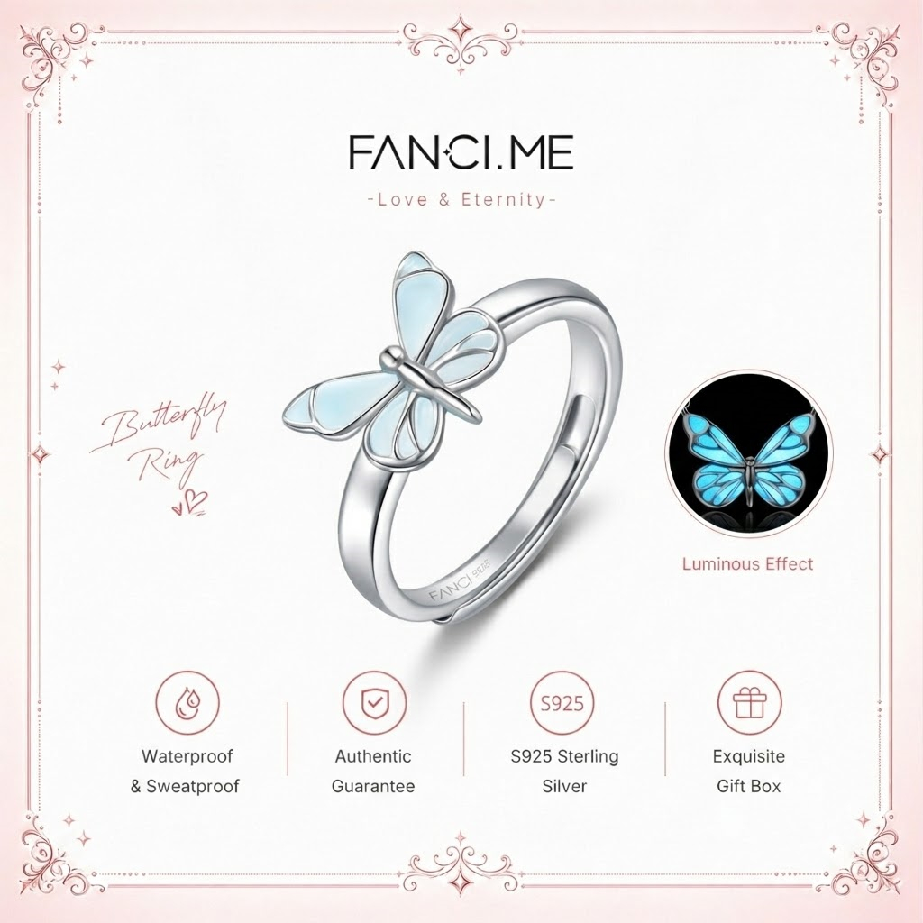 FANCIME "Starlight Butterfly" Dạ Quang Men Bạc Sterling Có Thể Điều Chỉnh Nhẫn Bướm Thời Trang Phong Cách Niche Tối Giản Quà Tặng Sang Trọng Cho Người Phụ Nữ