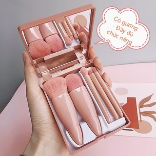 Bộ 5 Cọ Trang Điểm Mini, Có Hộp Bảo Quản Và Gương, Lông Mềm Tinh Tế, Nhỏ Di Động, Thích Hợp Cho Du Lịch