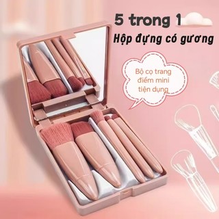 Bộ 5 Cọ Trang Điểm Mini, Có Hộp Bảo Quản Và Gương, Lông Mềm Tinh Tế, Nhỏ Di Động, Thích Hợp Cho Du Lịch