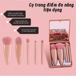 Bộ 5 Cọ Trang Điểm Mini, Có Hộp Bảo Quản Và Gương, Lông Mềm Tinh Tế, Nhỏ Di Động, Thích Hợp Cho Du Lịch