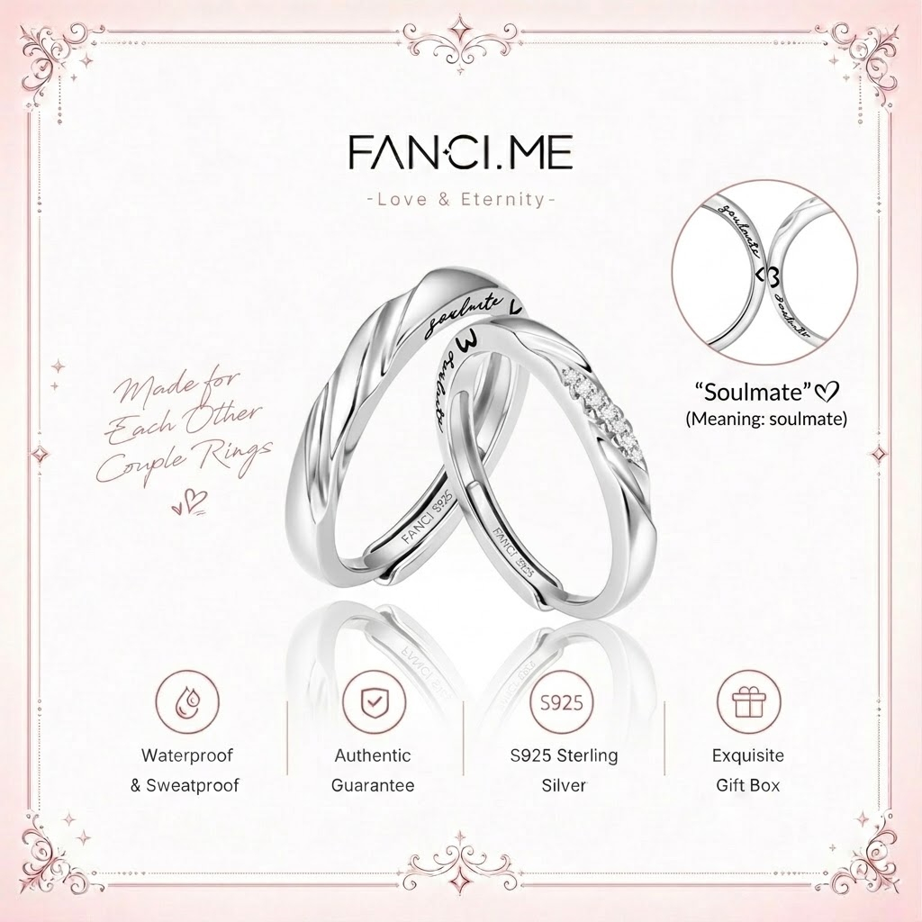 FANCIME Tình Yêu Tần Số Có Thể Điều Chỉnh Nhẫn Cặp Đôi 925 Bạc Khắc Nhẫn Cưới Lời Hứa Lãng Mạn Quà Tặng Cho Kỷ Niệm Sinh Nhật