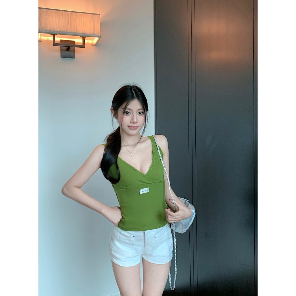 [BANKO] Phiên bản Hàn Quốc Nữ Mùa hè Phong cách mới Slim-fit Slimmer Look Green Lace Sling Dress