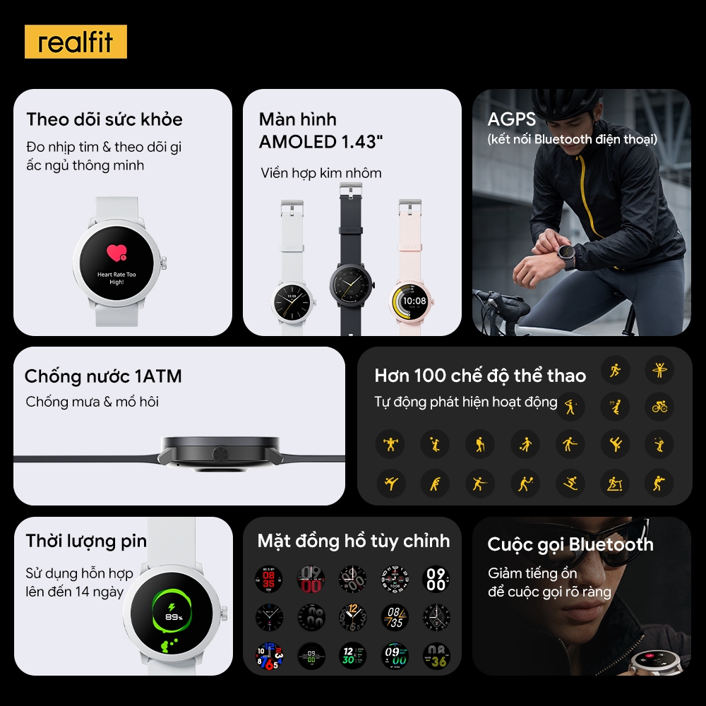 [HÀNG MỚI VỀ] Đồng hồ thông minh REALFIT WATCH | Màn hình AMOLED 1,43 " | Gọi Bluetooth | Theo dõi sức khỏe | Pin lên đến 14 ngày