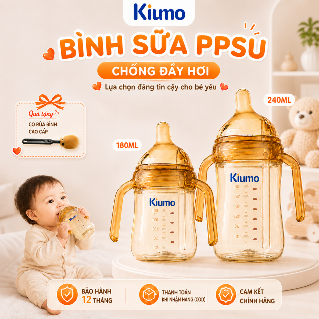【TẶNG CỌ RỬA】Kiumo Bình Sữa PPSU 180ml/240ml Chống Đầy Hơi Núm Ti Silicon Mềm Miệng Rộng Dễ Vệ Sinh