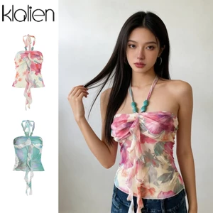 Klalien Playful Youthful Crop Top Với Dây In Retro Cổ Và Hình Giảm Béo Ôm Thiết Kế