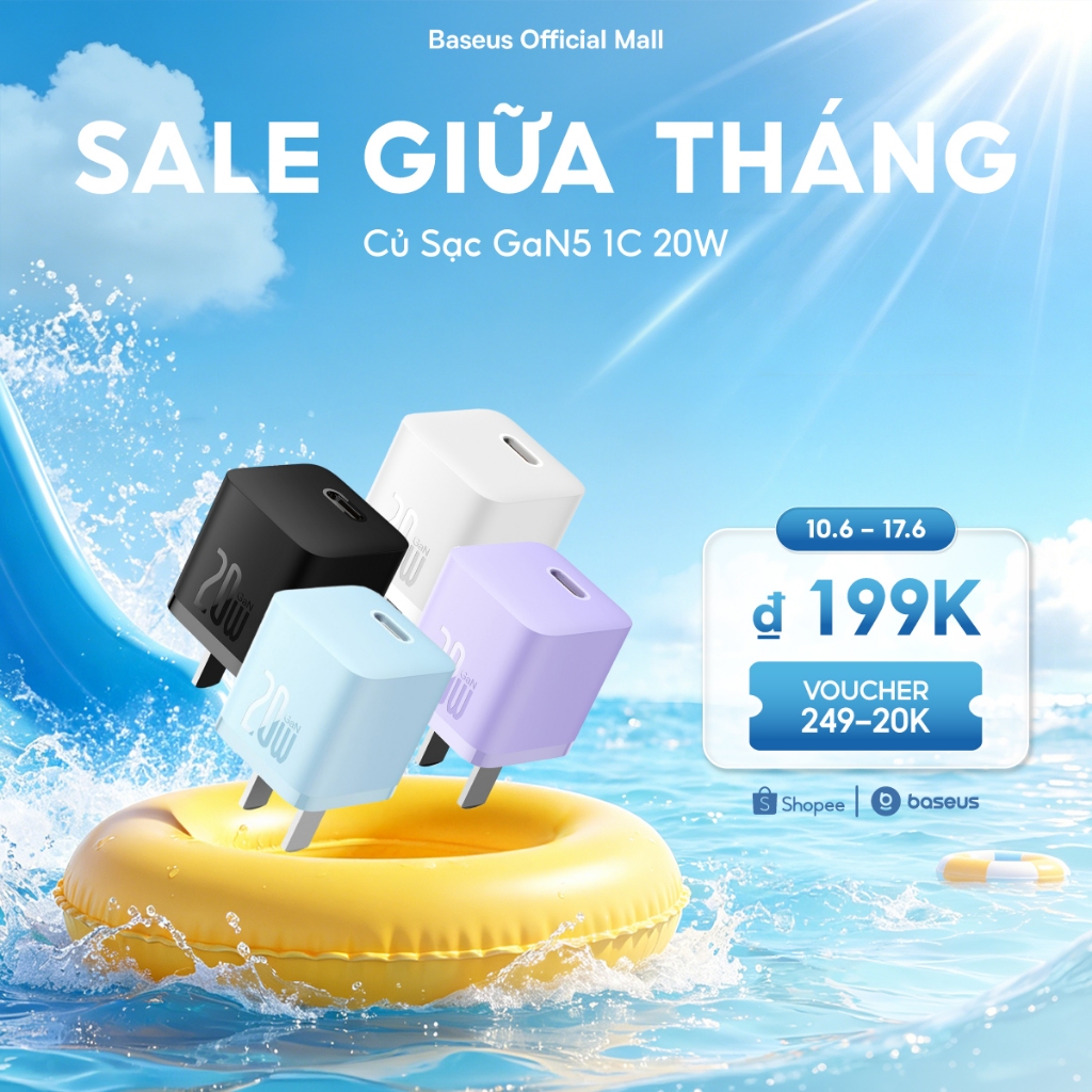 Củ sạc nhanh BASEUS PD 20W GaN5 1C thích hợp cho i14 13 12 pro max