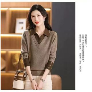 Giả Hai Mảnh Dệt Kim Dài Tay Rời Cổ POLO Áo Len Phong Cách Hàn Quốc Thời Trang Mẹ Trẻ Hàng Đầu Thu Đông
