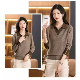 Giả Hai Mảnh Dệt Kim Dài Tay Rời Cổ POLO Áo Len Phong Cách Hàn Quốc Thời Trang Mẹ Trẻ Hàng Đầu Thu Đông