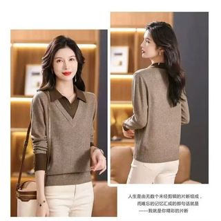 Giả Hai Mảnh Dệt Kim Dài Tay Rời Cổ POLO Áo Len Phong Cách Hàn Quốc Thời Trang Mẹ Trẻ Hàng Đầu Thu Đông
