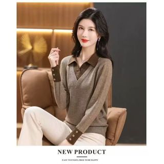 Giả Hai Mảnh Dệt Kim Dài Tay Rời Cổ POLO Áo Len Phong Cách Hàn Quốc Thời Trang Mẹ Trẻ Hàng Đầu Thu Đông