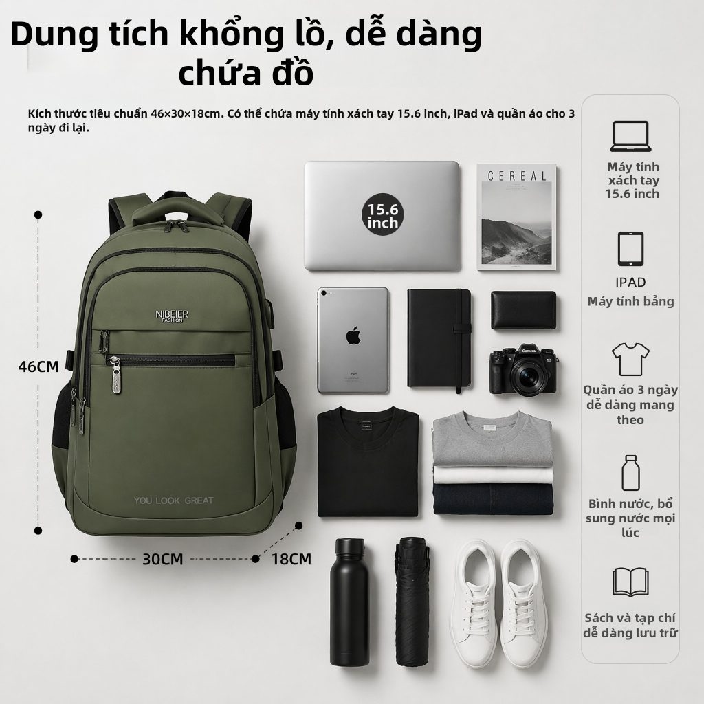 Ba lô đa ngăn dung tích lớn cố định trọng tâm, ba lô máy tính đệm xốp thoáng khí nam giới đi lại hàng ngày