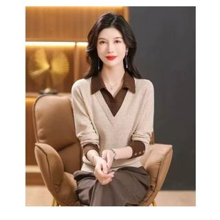 Giả Hai Mảnh Dệt Kim Dài Tay Rời Cổ POLO Áo Len Phong Cách Hàn Quốc Thời Trang Mẹ Trẻ Hàng Đầu Thu Đông