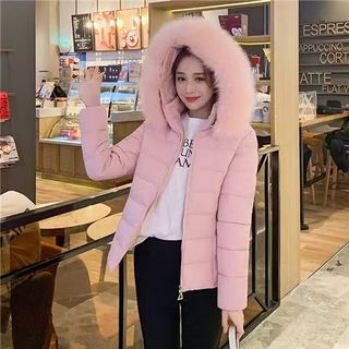 Mùa Đông Ngắn Đệm Áo Khoác Nữ Màu Hồng Lông Lớn Cổ Slim-fit Ôm Hơn Nhìn Nón Có Thể Tháo Rời Ấm Áp Có Đệm Nhỏ Áo Khoác Áo Khoác