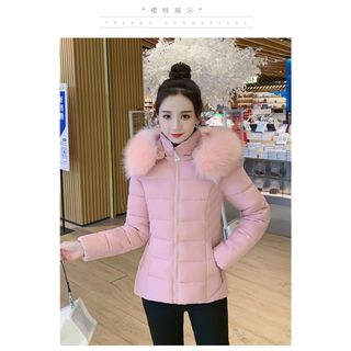 Mùa Đông Ngắn Đệm Áo Khoác Nữ Màu Hồng Lông Lớn Cổ Slim-fit Ôm Hơn Nhìn Nón Có Thể Tháo Rời Ấm Áp Có Đệm Nhỏ Áo Khoác Áo Khoác