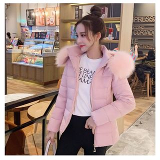 Mùa Đông Ngắn Đệm Áo Khoác Nữ Màu Hồng Lông Lớn Cổ Slim-fit Ôm Hơn Nhìn Nón Có Thể Tháo Rời Ấm Áp Có Đệm Nhỏ Áo Khoác Áo Khoác