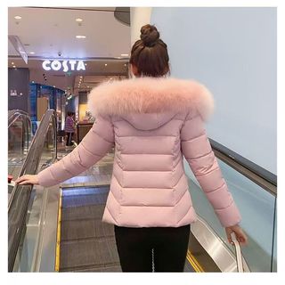 Mùa Đông Ngắn Đệm Áo Khoác Nữ Màu Hồng Lông Lớn Cổ Slim-fit Ôm Hơn Nhìn Nón Có Thể Tháo Rời Ấm Áp Có Đệm Nhỏ Áo Khoác Áo Khoác