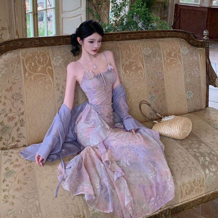Bohemian Gợi Cảm Hoa Tím Voan Sling Đầm Nữ Ôm Hơn Cổ Chữ V Không Tay In Hình Giữa Chiều Dài Đầm Chặt