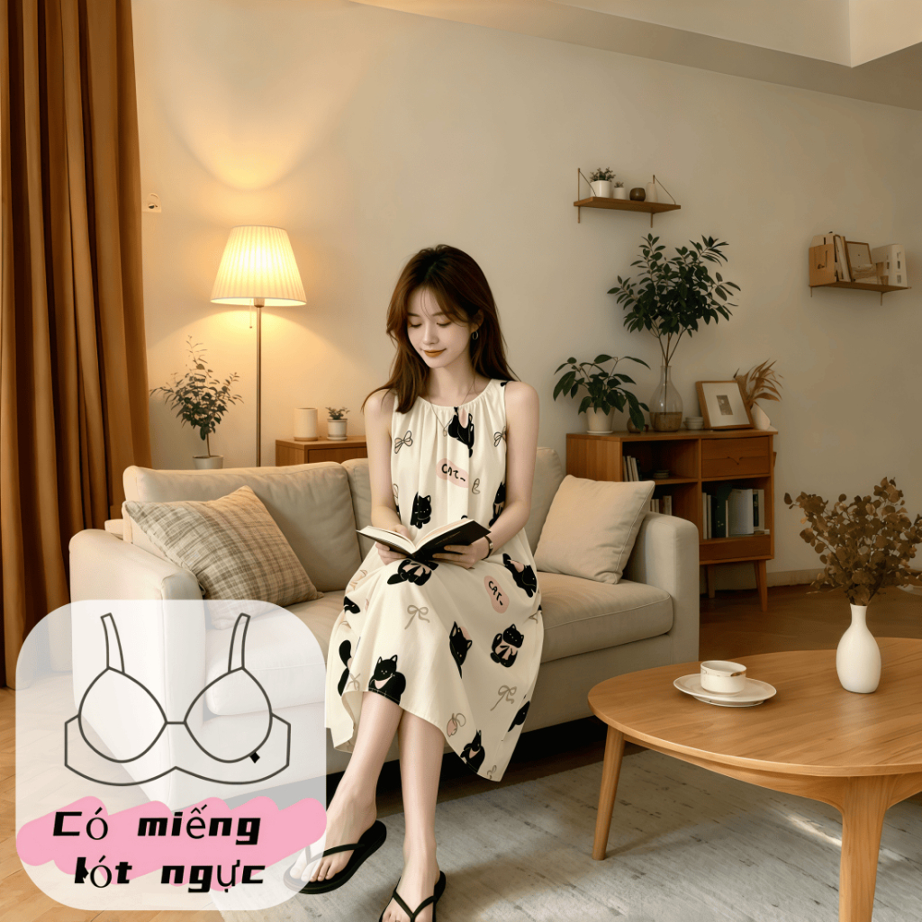 【Có miếng độn ngực】Đầm ngủ dài nữ mặc ở nhà hoặc đi chơi được, chất liệu cotton mềm mại thoải mái, form dáng dây quai, in họa tiết màu trơn, mẫu mới xuân hè 2026