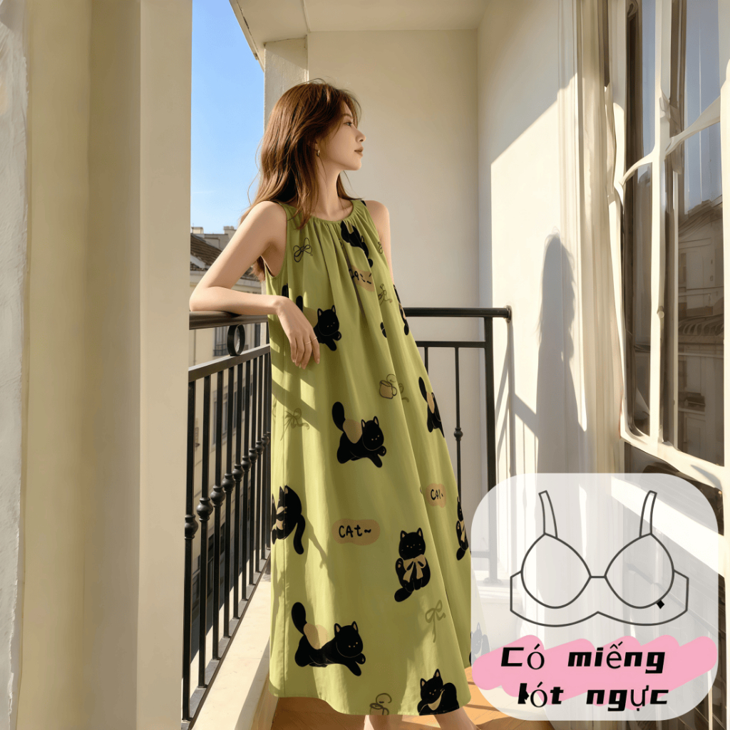 【Có miếng độn ngực】Đầm ngủ dài nữ mặc ở nhà hoặc đi chơi được, chất liệu cotton mềm mại thoải mái, form dáng dây quai, in họa tiết màu trơn, mẫu mới xuân hè 2026