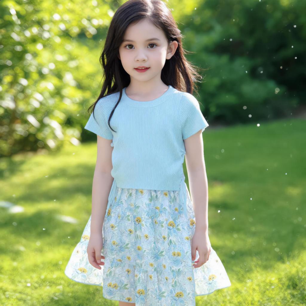 Pippikids- [A221] Bộ váy in hoa ngắn tay cho bé gái với áo thun mỏng vừa vặn Bộ hai mảnh mùa hè