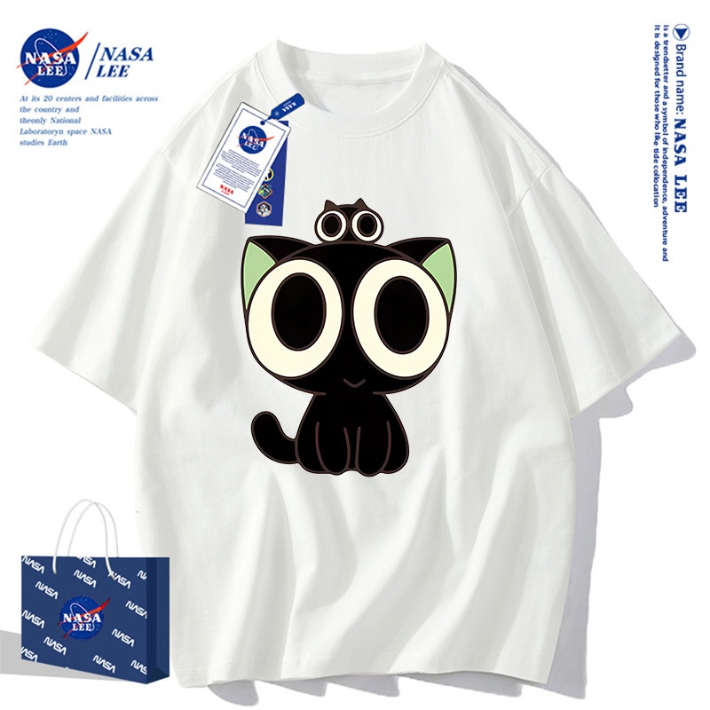 Áo thun unisex phong cách Mỹ, họa tiết mèo mắt to đáng yêu, form rộng thoải mái, phiên bản hợp tác NASA