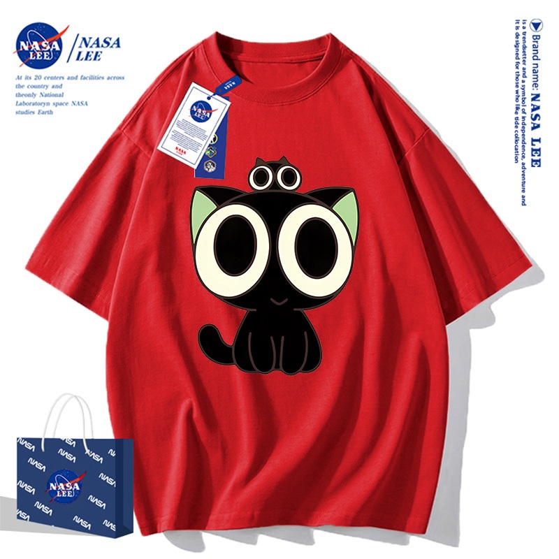 Áo thun unisex phong cách Mỹ, họa tiết mèo mắt to đáng yêu, form rộng thoải mái, phiên bản hợp tác NASA