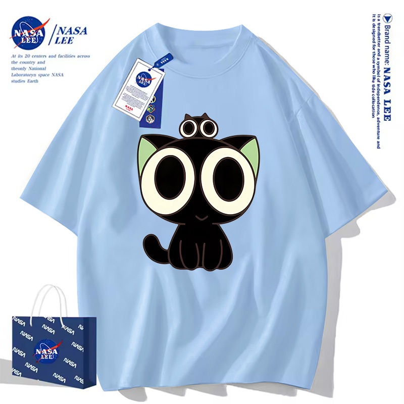Áo thun unisex phong cách Mỹ, họa tiết mèo mắt to đáng yêu, form rộng thoải mái, phiên bản hợp tác NASA