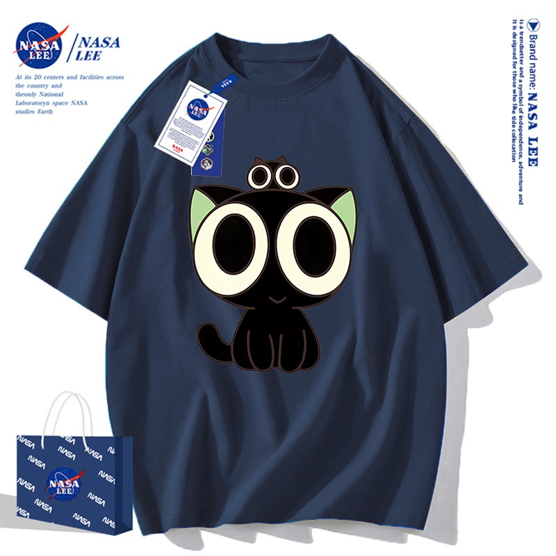 Áo thun unisex phong cách Mỹ, họa tiết mèo mắt to đáng yêu, form rộng thoải mái, phiên bản hợp tác NASA
