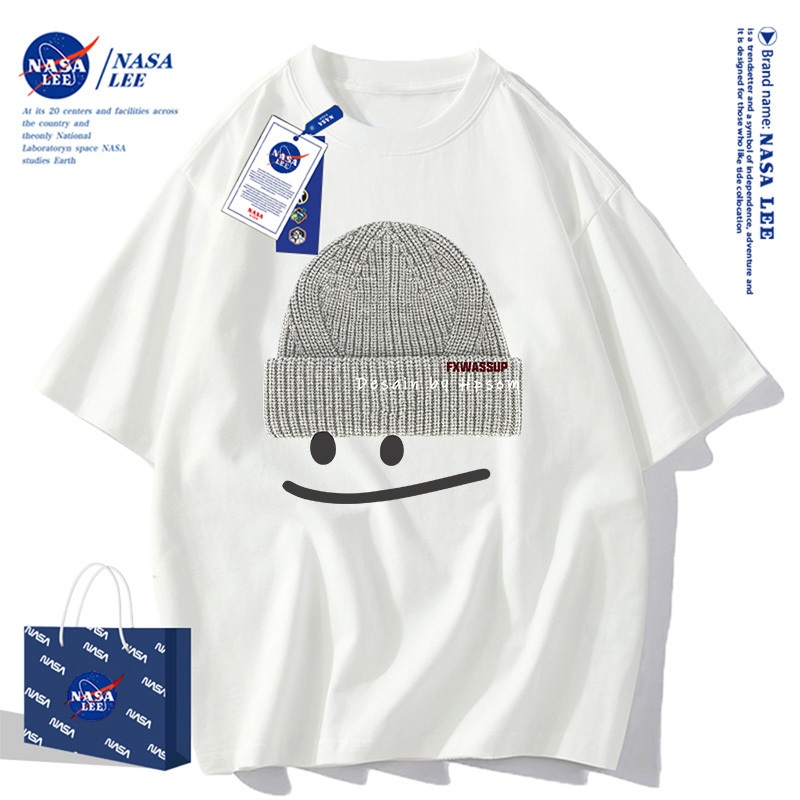 Áo Thun NASA Phong Cách Nhật Đường Phố Họa Tiết Mặt Cười Áo Đôi Unisex Cotton Rộng Rãi Cổ Tròn Mùa Hè