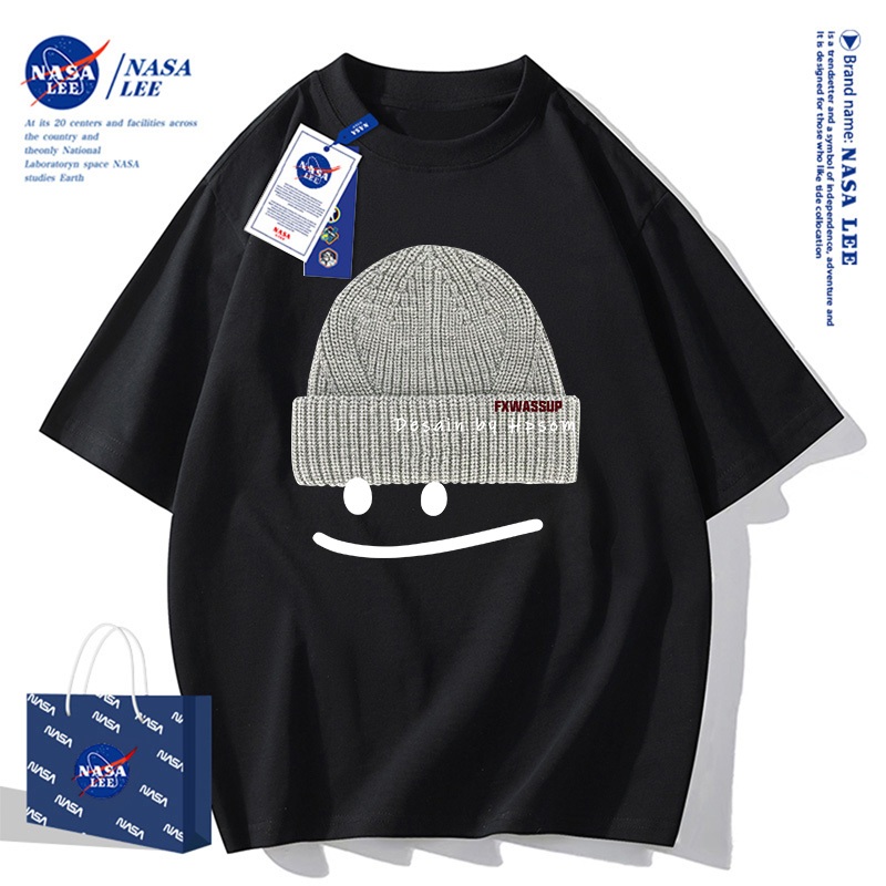 Áo Thun NASA Phong Cách Nhật Đường Phố Họa Tiết Mặt Cười Áo Đôi Unisex Cotton Rộng Rãi Cổ Tròn Mùa Hè