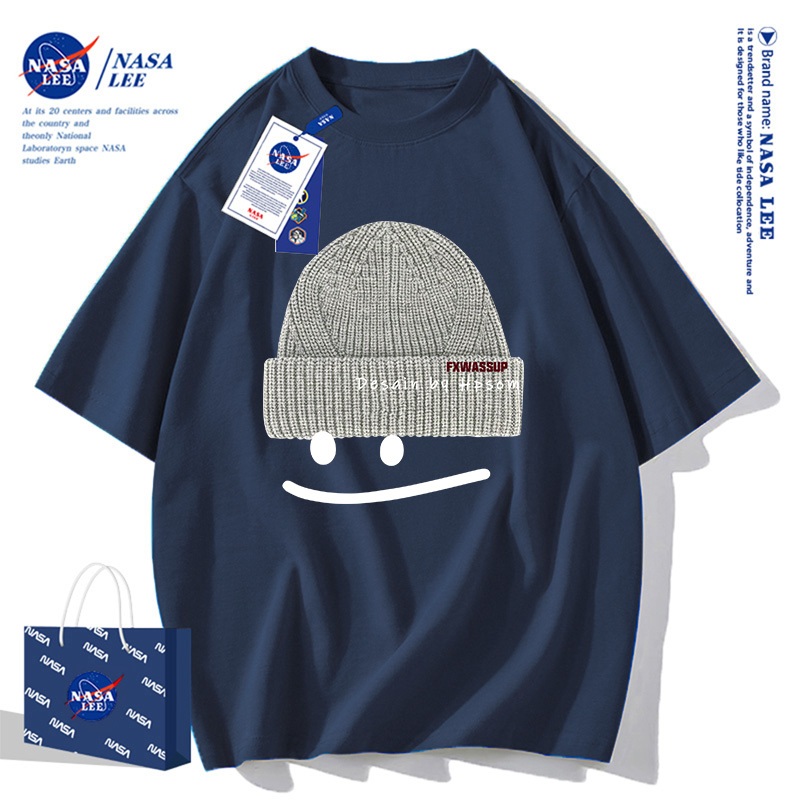 Áo Thun NASA Phong Cách Nhật Đường Phố Họa Tiết Mặt Cười Áo Đôi Unisex Cotton Rộng Rãi Cổ Tròn Mùa Hè