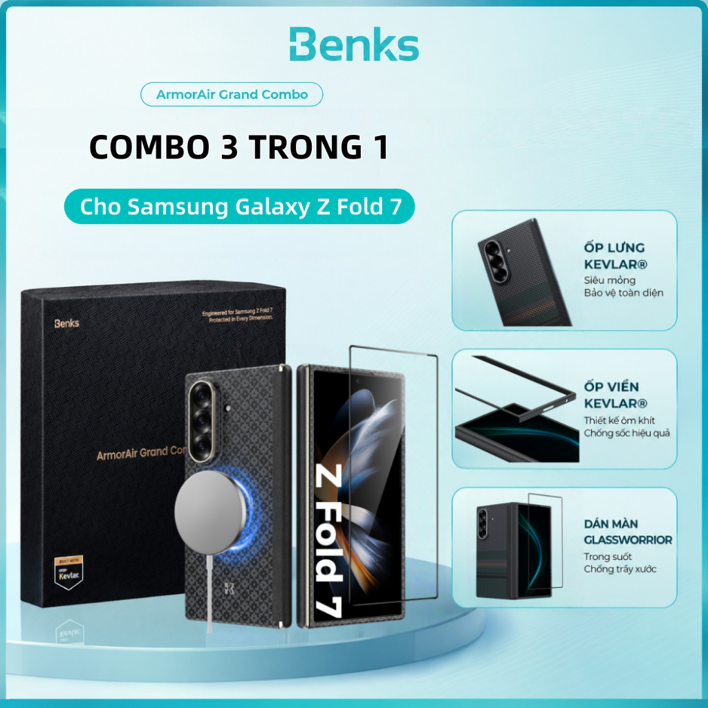 Ốp BENKS [Bộ Combo Full-thin] Samsung Galaxy Z Fold 7 8 8 Ultra – Khung Viền + Mặt Lưng + Kính Cường Lực | Sợi Kevlar DuPont Cao Cấp | Tương Thích Nam Châm (MagSafe) | Bảo Vệ Bản Lề | Siêu Mỏng Nhẹ | Flagship Protection Kit Premium