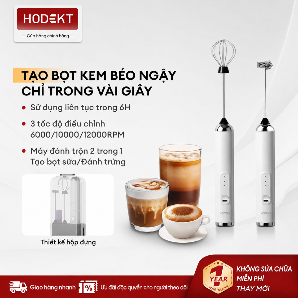 Máy Đánh Trứng Đa Năng Cầm Tay HODEKT Không Dây Pha Chế Tiện Lợi 3 Chế Độ Tốc Độ Sạc Type C Pin 1200mAh Dùng 6H Hộp Đựng Tích Hợp 2 Đầu Inox 304