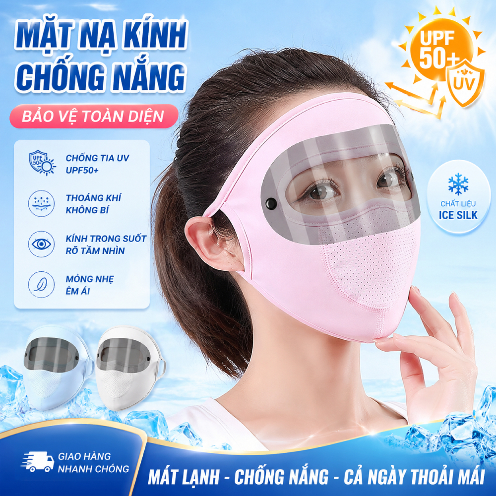 Mặt Nạ Chống Nắng Kèm Kính Che Mặt UPF50+ Chống Bụi Chống Tia UV Lụa Lạnh Thoáng Khí