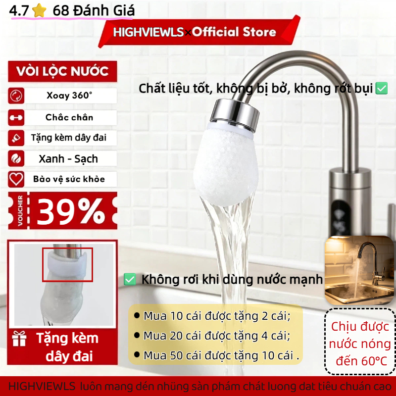 [Tốt Nhất] CAO CẤP 10 / 20 / 50 Cái Bộ lọc vòi bông, Bộ lọc vòi dày chống văng, có dây đeo T Túi lọc nước máy đa năng, vật dụng, hay thế hệ anh