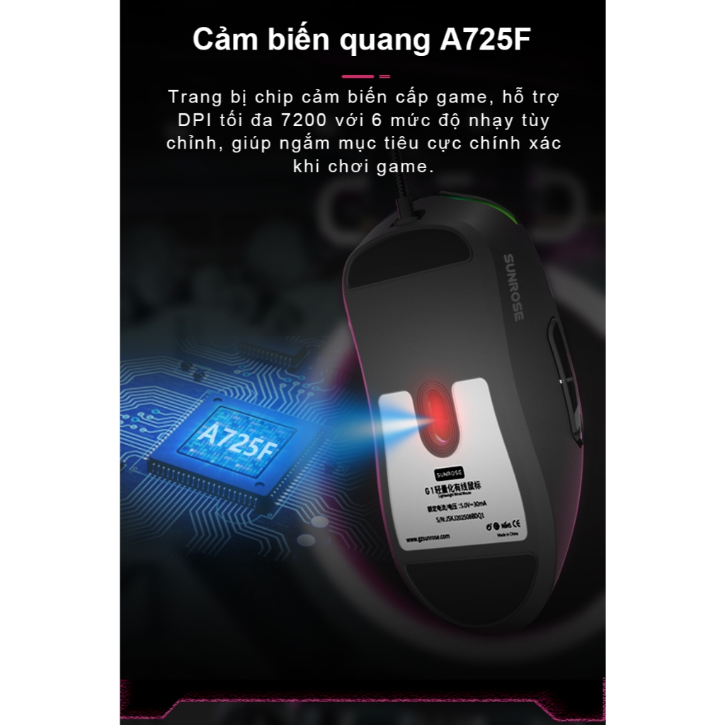 SUNROSE G1 79g Chuột chơi game có dây nhẹ Vỏ tổ ong 7200 DPI RGB LED Trình điều khiển Macro tùy chỉnh Tương thích với máy tính xách tay Windows PC để học văn phòng chơi game