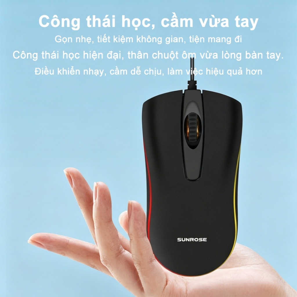 Chuột có dây tiện dụng Sunrose T512, có đèn nền LED chiếu sáng, nhấp chuột im lặng, Bánh xe cuộn chống trượt 3D, 1000DPI, Plug & Play, Di động để làm việc và chơi game văn phòng