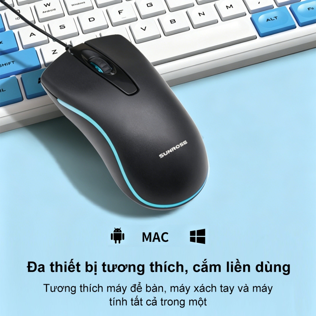 Chuột có dây tiện dụng Sunrose T512, có đèn nền LED chiếu sáng, nhấp chuột im lặng, Bánh xe cuộn chống trượt 3D, 1000DPI, Plug & Play, Di động để làm việc và chơi game văn phòng